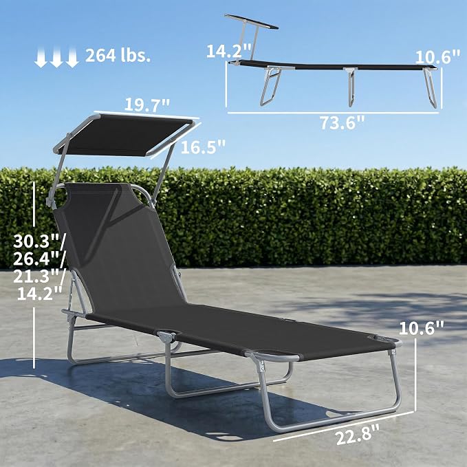 Outsunny Outdoor Lounge Chair, Adjustable Folding Chaise Lounge, Tanning Chair with Sun Shade for Beach, Camping, Hiking, Backyard, Black