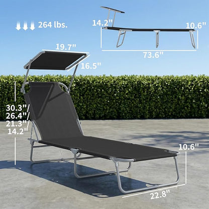 Outsunny Outdoor Lounge Chair, Adjustable Folding Chaise Lounge, Tanning Chair with Sun Shade for Beach, Camping, Hiking, Backyard, Black