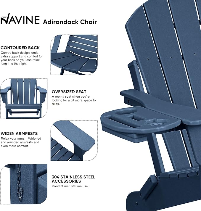 Adirondack Chair, HDPE Folding Adirondack Chair with Multifunctional Cup Holder, Weather Resistant Fire Pit Chair for porches, patios, patios, poolsides, Decks.