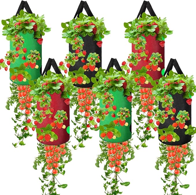 Honeydak Upside Down Tomato Strawberry Grow Bags Hanging Garden Planter Aeration Fabric Grow Bags for Strawberry Tomato Herb Vegetables Outdoor Plants(6 Pack,13 Holes Style)