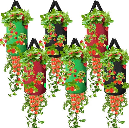 Honeydak Upside Down Tomato Strawberry Grow Bags Hanging Garden Planter Aeration Fabric Grow Bags for Strawberry Tomato Herb Vegetables Outdoor Plants(6 Pack,13 Holes Style)