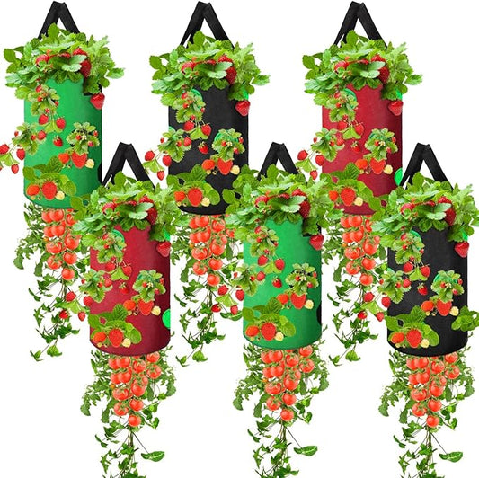 Honeydak Upside Down Tomato Strawberry Grow Bags Hanging Garden Planter Aeration Fabric Grow Bags for Strawberry Tomato Herb Vegetables Outdoor Plants(6 Pack,13 Holes Style)