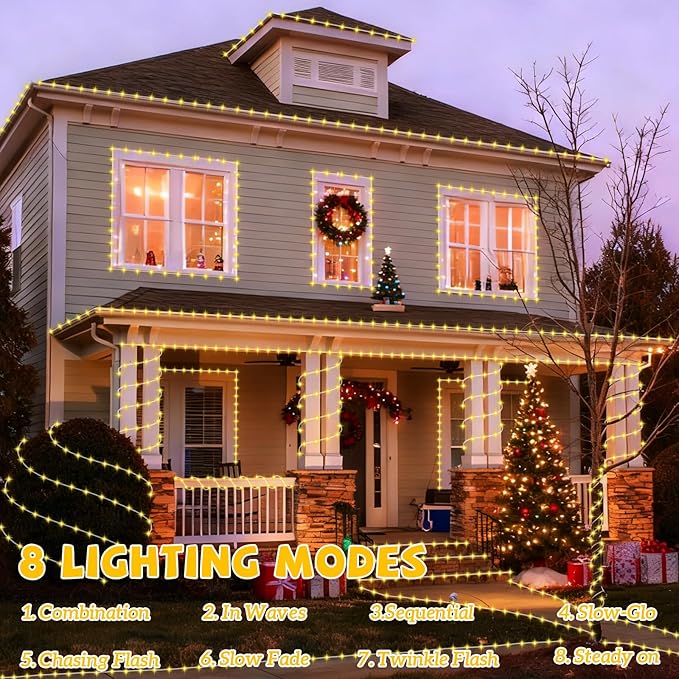 YEGUO Solar Christmas Lights Outdoor Waterproof, 2 Packs Each 33ft 100 LED Rope Lights, 8 Modes Fairy String Lights in Clear Thin Tube for Camping Fence Patio Garden Trampoline Deck(Warm White)