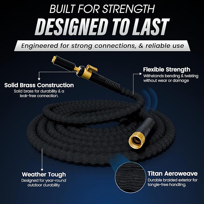 TITAN 50 ft Garden Hose – Lightweight Flexible Water Hose, Kink-Free Non-Expanding, High Flow, Solid Brass Fittings, Leak-Proof with Nozzle
