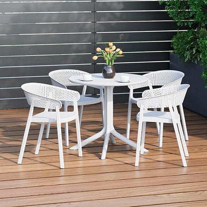 Costaelm Dining Table Set for 4, HDPE Patio Round Dining Table and Stackable Chair, Kitchen & Dining Room Sets All Weather for Backyard Porch Poolside, White