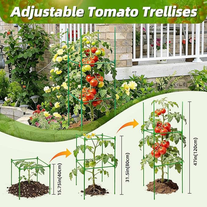 3 Pack Square Tomato Cages with 3 Plant Covers, 47 Inch Tall Cages for Tomato, Tomato Trellis with Bird Netting, Vertical Garden Trellis for Climbing Plants Vegetables in Outdoor