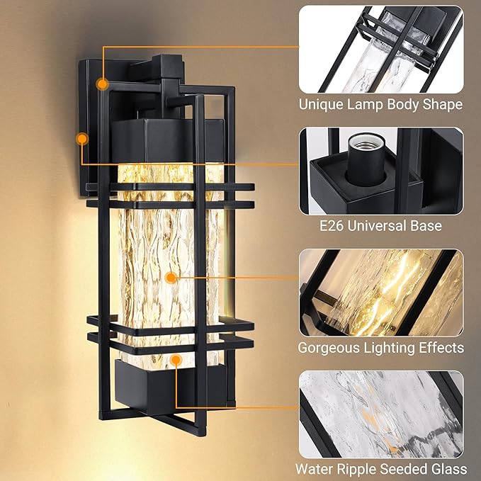 Outdoor Front Porch Light Fixtures Wall Mount, Water Ripple Outdoor Wall Lantern,2 Pack Black Exterior Lighting Fixtures, Waterproof Sconce Lights, Outside Lantern Lamp for Garage(Bulb Included)