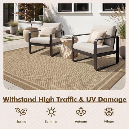 MontVoo-Outdoor Rug-Patio Rug 6x9 Polypropylene Indoor Outdoor Rugs Outdoor Carpet for Patio Deck Balcony Porch, Textured Weave, Durable for High Traffic, Fade-Resistant, Boho Farmhouse Neutral Brown
