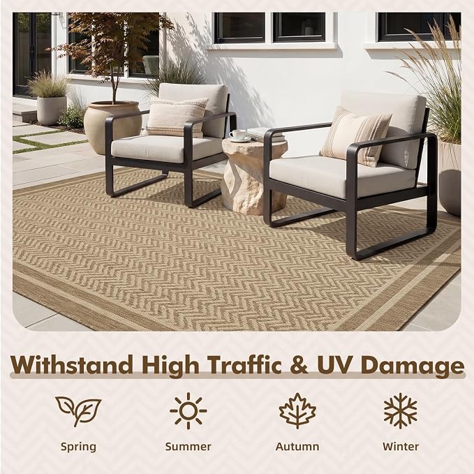 MontVoo-Outdoor Rug-Patio Rug 9x12 Polypropylene Indoor Outdoor Rugs Outdoor Carpet for Patio Deck Balcony Porch, Textured Weave, Durable for High Traffic, Fade-Resistant, Boho Farmhouse Neutral Brown