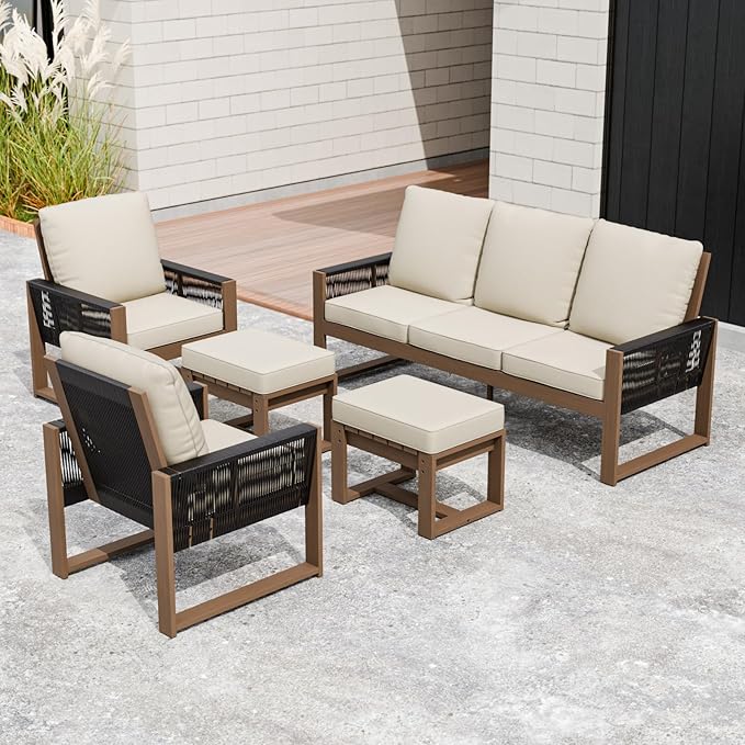 Rustic Hideaway Natural Cedar Wood Outdoor Furniture Set, Wicker Patio Conversation Set for Porch Garden Backyard, Couch, 2 Patio Chairs and 2 Ottomans, 5 Piece, Brownish/Beige