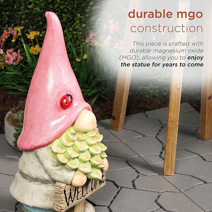 Alpine Corporation QWR1466 Gnome with Red Hat Holding “Welcome” Sign, Stylish Décor for Garden, Patio, & Pathway, 19" H, Multicolor