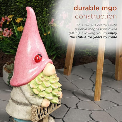 Alpine Corporation QWR1466 Gnome with Red Hat Holding “Welcome” Sign, Stylish Décor for Garden, Patio, & Pathway, 19" H, Multicolor