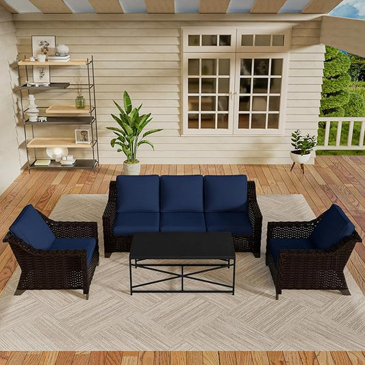 Vista Vibe 4 Pieces Outdoor Patio Conversation Furniture Set - 78" 3-seat Sofa | 2 Chairs | Metal Coffee Table, Deep Seat Loveseat, Removable Cushions, PE Rattan Couch, Lawn (Brown/Navy)
