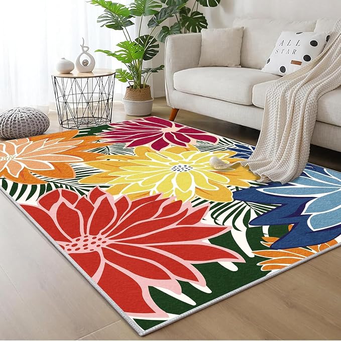 ZonLi Colorful Outdoor Rug 9x12Ft Waterproof Multicolored Indoor Area Rug Washable Outdoor Patio Rugs Tropical Floral Non Slip Outdoor Carpet for Living Room, Pool,Backyard,Deck,Camping