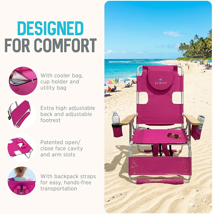 Ostrich the Woody Backpack 3N1 Portable Chair with Cooler Bag and Reclining Lounger for Tanning, Camping, Beach, and Outdoor Essential, Pink