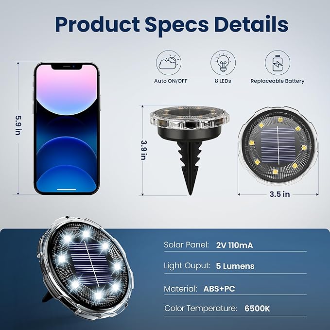 SOLPEX Solar Ground Lights 20 Pack, Solar Pathway Lights Outdoor Waterproof, Landscape Lighting for Garden, Walkway, Driveway, Yard, Deck, Patio, Swimming Pool (Cool White)