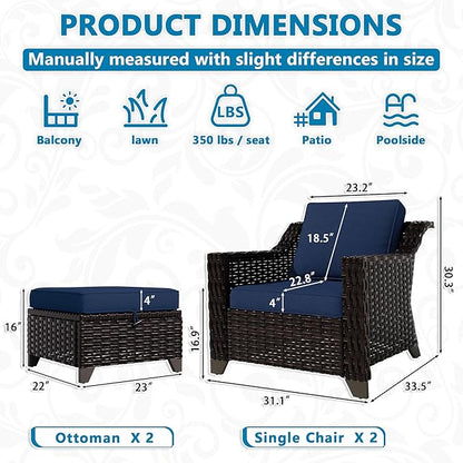 VistaVibe 4 Pieces Outdoor Patio Conversation Furniture Set - 2 Luxurious Armchairs | 2 Wicker Ottomans, Removable Cushions, Hand-Woven PE Rattan, Office, Porch (Brown/Navy)