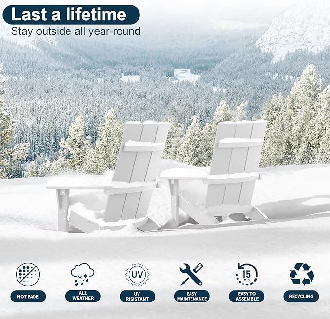 MXIMU Modern Adirondack Chairs Set of 4 Weather Resistant with Cup Holder Oversize Plastic Fire Pit Chairs Plastic Outdoor Chairs for Firepit Area Seating (White)