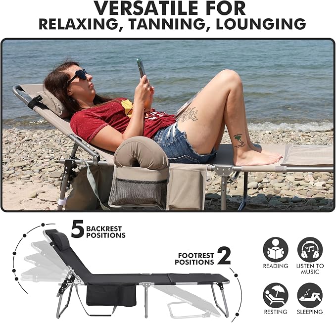 Tanning Chair with Sun Canopy Face Hole Softer Padded Adjustable Washable, Heavy Duty Layout Folding Lounge Chair for Adults Outside Beach Reading Sunbathing Poolside Lawn, UPF 50+ Sun Shade, 300 LBS