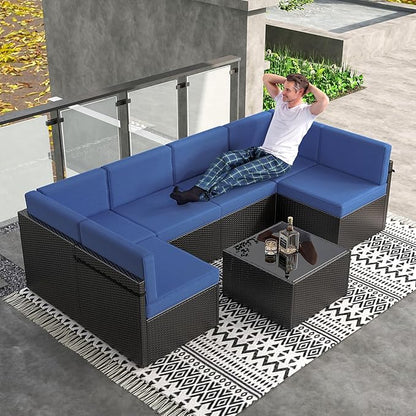 Kinsuite 7Pcs Patio Conversation Set - Wicker Backyard Furniture Outdoor Furniture with Cushions, All-Weather Couch Set with Coffee Table for Garden, Lawn, Deck, Blue