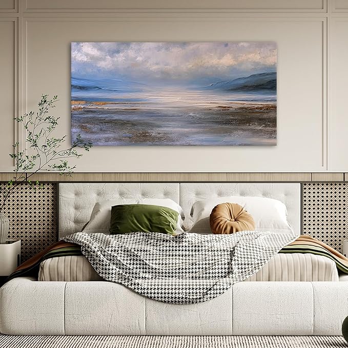 JLXART Ocean Wall Art Watercolor Seascape Painting Landscape Pictures Wall Decor 24X48inch Abstract Beach Wave Poster for Livingroom Bedroom