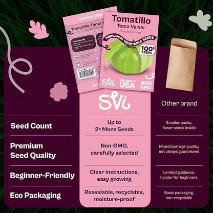 SVI 100 Toma Verde Tomatillo Seeds for Planting (Physalis ixocarpa) – Mexican Tomatillo Salsa Verde Favorite, Prolific 2–4oz Tomatillos – Heirloom Vegetable Seeds for Outdoor & Indoor Garden