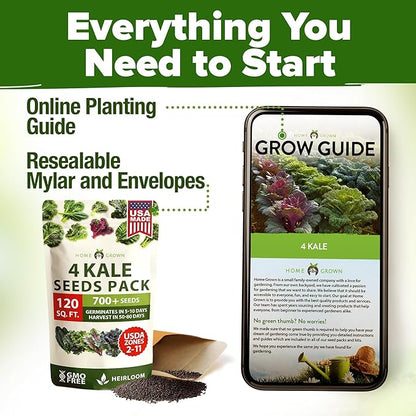 HOME GROWN Heirloom Vegetable Seeds Vegetable Seeds for Planting Home Garden, Beans, Carrots, Peppers, Cucumber, Kale, Pepper Seeds, Tomato (4 Kale)