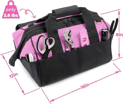 Pink Power Pink Tool Bag for Women -16" Tool Tote Bag w/ 22 Storage Pockets - Womens Small ToolBag Ladies ToolBox for Hand Tools, Power Kits & More - Womens Zipper Toolbag Caddy Organizer