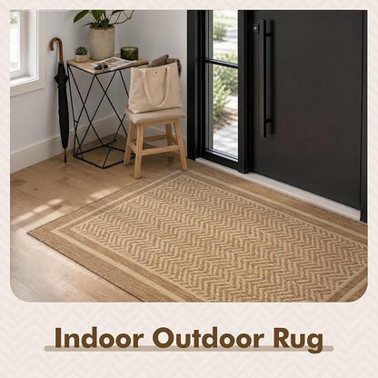 MontVoo-3x5 Outdoor Rug Porch Entryway Rug-Polypropylene Indoor Outdoor Rugs for Entryway Kitchen Balcony Patio, Textured Weave, Durable, Fade-Resistant, Non-Shedding, Boho Geometric Neutral Brown