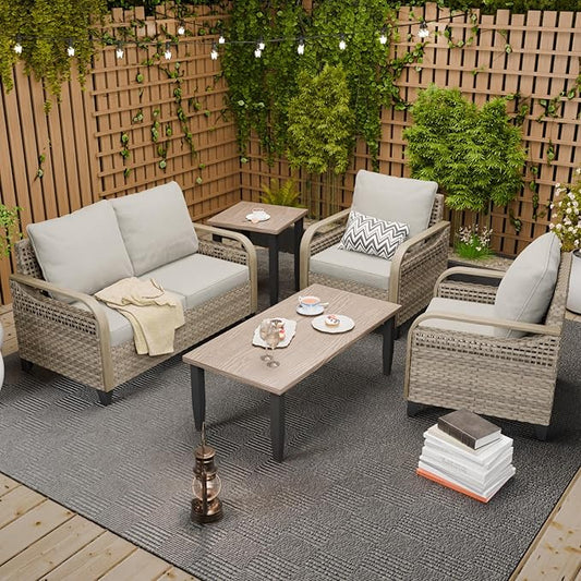COOS BAY Modern Wicker Outdoor Furniture Set, Patio Conversation Set with Patio Chairs, 2 Seat Loveseat, Coffee Table and Side Table, 5 Piece, Brown/Gray