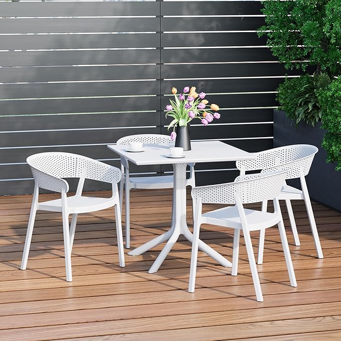 Costaelm Table Chairs Set of 4, HDPE Patio Square Dining Table and Stackable Chairs, Outdoor Small Patio Furniture Set All Weather for Backyard Porch Poolside, White