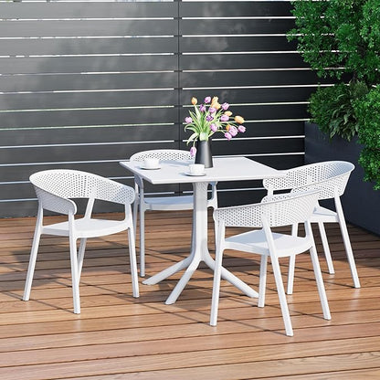 Costaelm Table Chairs Set of 4, HDPE Patio Square Dining Table and Stackable Chairs, Outdoor Small Patio Furniture Set All Weather for Backyard Porch Poolside, White