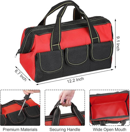 Sanwuta 3 Pack Tool Bag for Men with Waterproof Hard Bottom, Heavy Duty Tool Bag Wide Mouth Tote for Various Instrument, Electrician Carpenter Mechanic(Red,13 Inch,Classic)