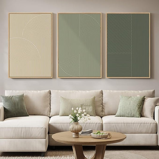 Large Framed Green and Neutral Beige Abstract Wall Art for Living Room, 3 Piece Modern Canvas Prints Paintings, Minimalist Geometric Line Pictures for Hallway Dining Bedroom Office Wall Decor 24x36 In