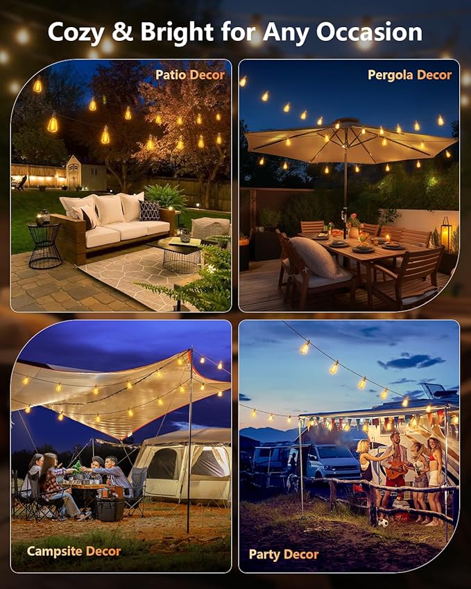 Brightown 175FT Solar String Lights Outdoor Waterproof with Remote, 56+1 LED Shatterproof Bulbs, Dimmable & Timable, 3 Light Modes - Commercial Grade Patio Lights for Garden Backyard Party Decor