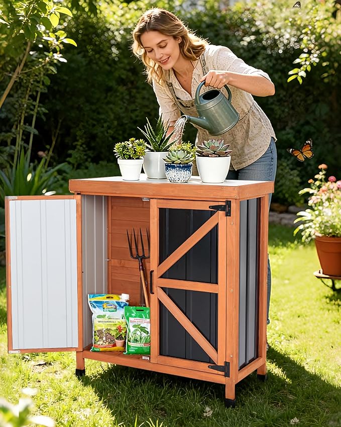 Black Metal Outdoor Storage Cabinet with X-Design Doors & Wood Frame, Metal Top Potting Bench Weatherproof for Patio, Garden & Backyard, 31.5"x 17.7"x 35.4"Tool Outdoor Shed
