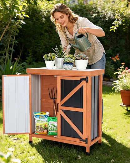 Black Metal Outdoor Storage Cabinet with X-Design Doors & Wood Frame, Metal Top Potting Bench Weatherproof for Patio, Garden & Backyard, 31.5"x 17.7"x 35.4"Tool Outdoor Shed