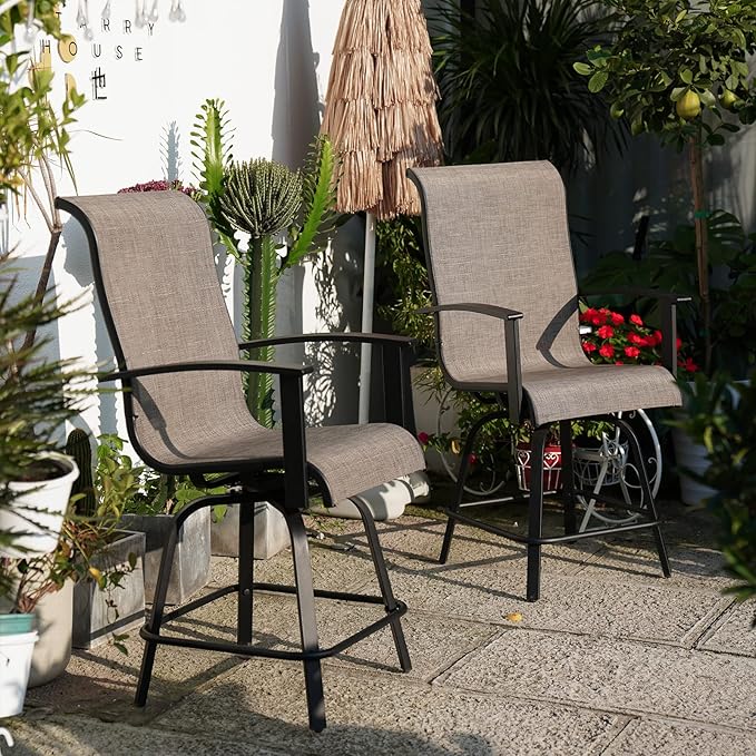 Grand patio Counter Height Outdoor Swivel Bar Stools Set of 2, Patio Bar Chairs with Arms Backs for Porch Balcony, Poolside, Deck (Coffee, 2PC)