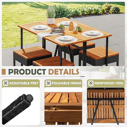 Devoko Patio Bar Set 5 Pieces Acacia Wood Patio High Top Bar Table and Stools Chairs Set Foldable Outdoor Bar Stools Set of 2 for Garden, Balcony