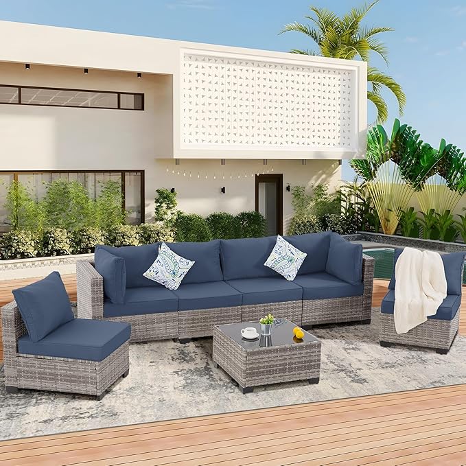 FHFO 7 Piece Outdoor Wicker Patio Furniture Set, Rattan Sectional Sofa Couch, Patio Conversation Set with Cushion & Coffee Table, for Backyard Poolside Porch Garden, Grey-Navy Blue