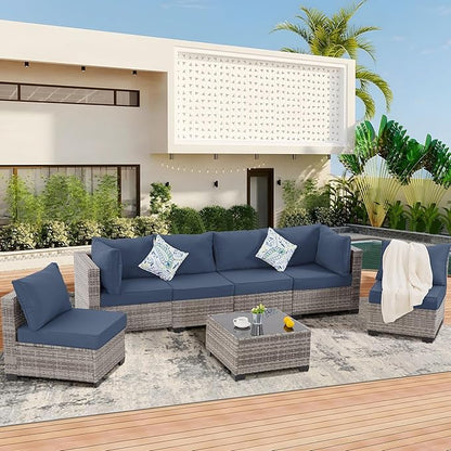 FHFO 7 Piece Outdoor Wicker Patio Furniture Set, Rattan Sectional Sofa Couch, Patio Conversation Set with Cushion & Coffee Table, for Backyard Poolside Porch Garden, Grey-Navy Blue