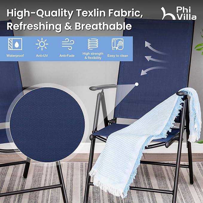 PHI VILLA Outdoor Dining Furniture Set with Umbrella, Patio Dining Set for 4 with Metal Outdoor Table and Chairs, Patio Table Set with Portable Folding Patio Chairs & Patio Umbrella, Blue