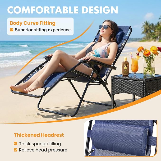NEWBULIG Zero Gravity Chairs Set of 2, Lounge Chair Folding Portable Adjustable Camping Recliner with Adjustable Pollow, Mesh Back, Cup Holder Trays Lawn Patio Chair for Pool Beach