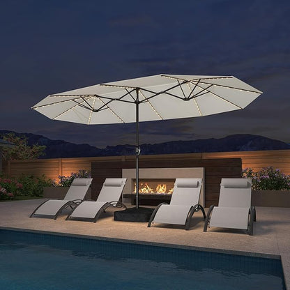 PURPLE LEAF 14ft Patio Market Umbrella with Solar LED and Base Double-Sided Rectangle Outdoor Table Sun Umbrellas with Crank for Pool Beach Deck Backyard Cream