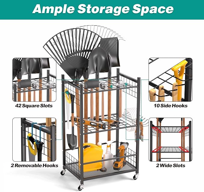 EVERHANGER Garden Tool Organizer, Garage Tool Storage Organization, Yard Tool Racks with lockable wheels, Fit for Long-Handled Tools, Indoor/Outdoor Use