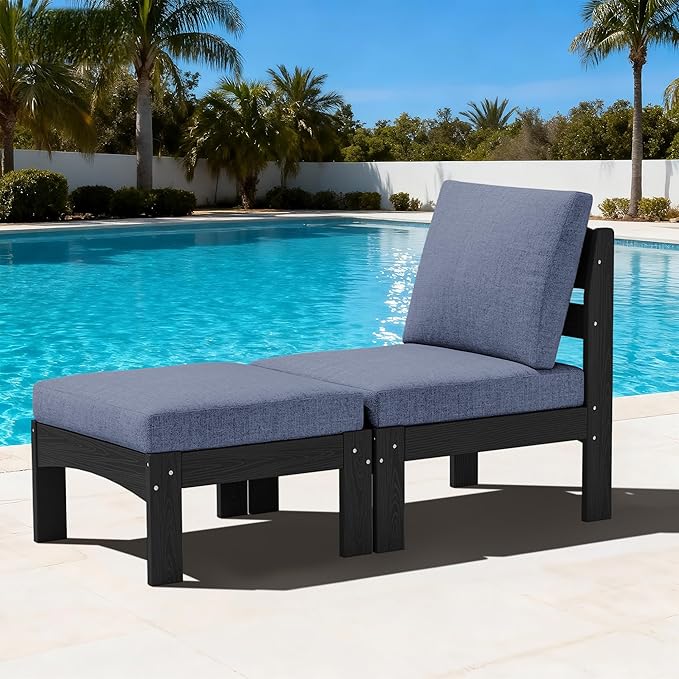 SERWALL 2 Pieces Patio Sofa, All-Weather HDPE Outdoor Conversation Set with Removable Cushions and Ottoman, Modular Design Converts to Chaise Lounge for Porch, Poolside, Black Frame with Grey Cushion