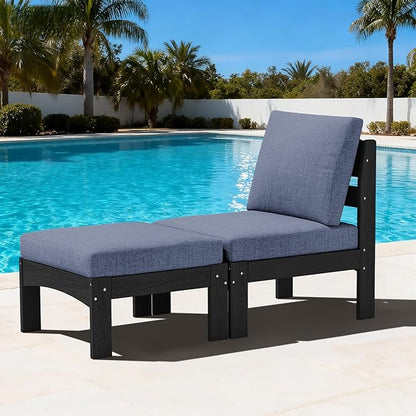 SERWALL 2 Pieces Patio Sofa, All-Weather HDPE Outdoor Conversation Set with Removable Cushions and Ottoman, Modular Design Converts to Chaise Lounge for Porch, Poolside, Black Frame with Grey Cushion