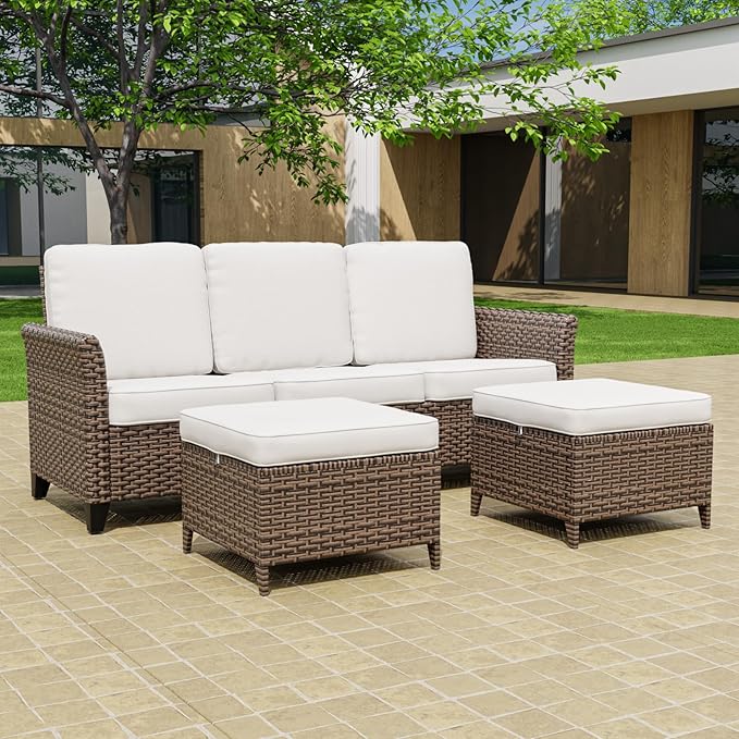 Canyon Ridge Wicker Patio Sofa with 2 Ottomans, Small Balcony Furniture, Outdoor Furniture Set, 3 Seat Couch, Brown/Beige
