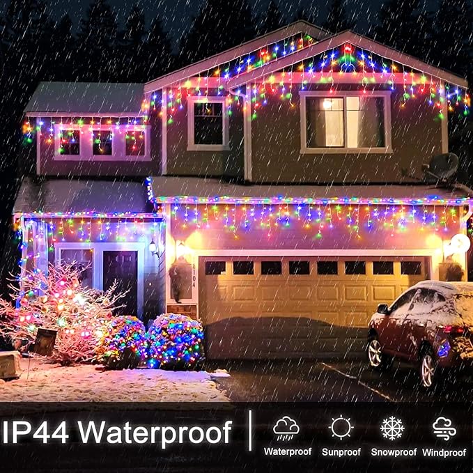 Icicle Christmas Lights Outdoor - 99FT 1216 LED Icicle Lights for Outside 8 Modes with 228 Drops, Waterproof Plug in Fairy String Lights Party Wedding Christmas Decoration Indoor, Multicolor