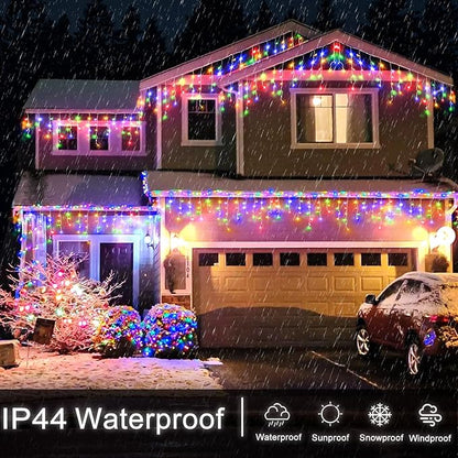 Icicle Christmas Lights Outdoor - 99FT 1216 LED Icicle Lights for Outside 8 Modes with 228 Drops, Waterproof Plug in Fairy String Lights Party Wedding Christmas Decoration Indoor, Multicolor
